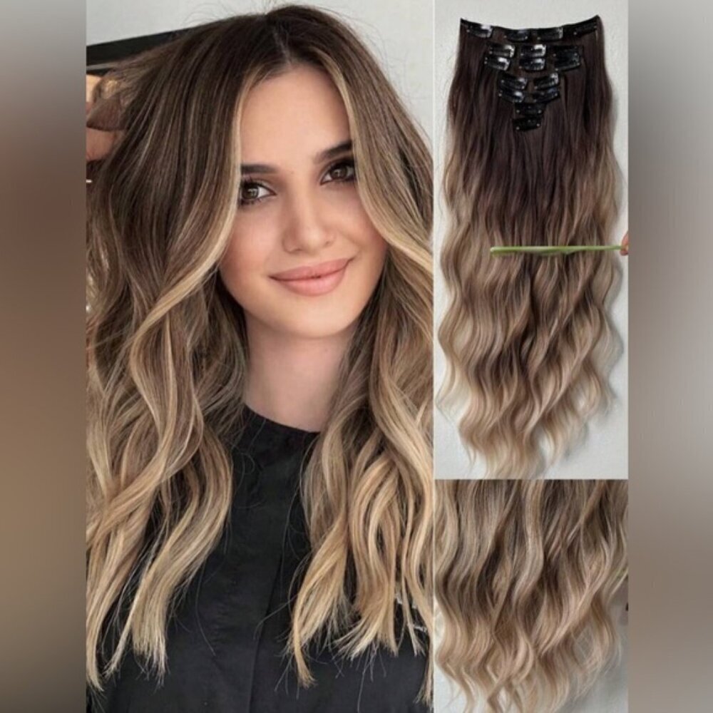 24 In Ombre Hair Style Clip in Hair Extensions Brown to Light Blonde wat